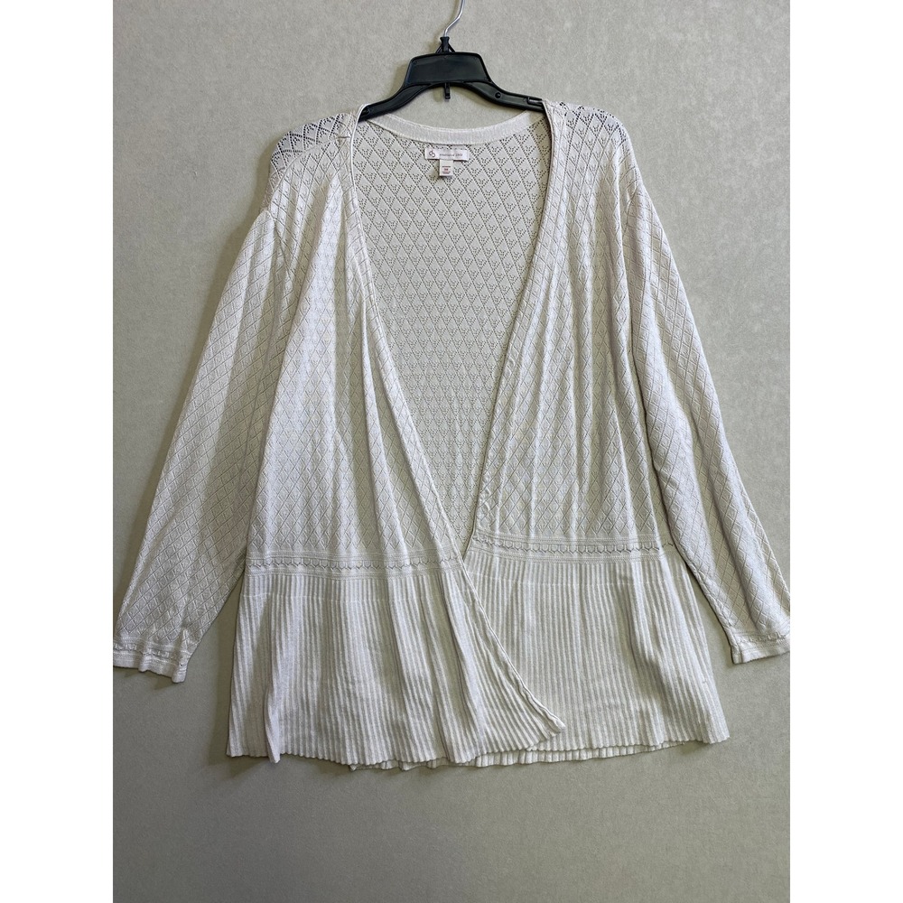 CJ Banks Womens 3X Cream Pointelle Diamond Knit Open Front Peplum Cardigan